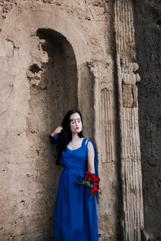 Prompt: Portrait of a girl in a long red gown with floral print black hair and blue eyes standing in an ancient city. Photography, Nikon, Cannon, Cinematic colour grading, 35mm, f/1.4