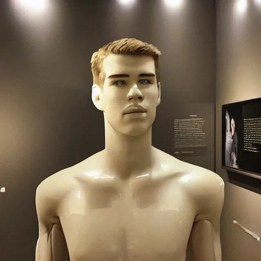 Image similar to “ a realistic detailed photo of a guy who is an attractive humanoid who is half robot and half humanoid, who is a male android, actor liam hemsworth, shiny skin, posing like a statue, blank stare, at the museum, on display ”