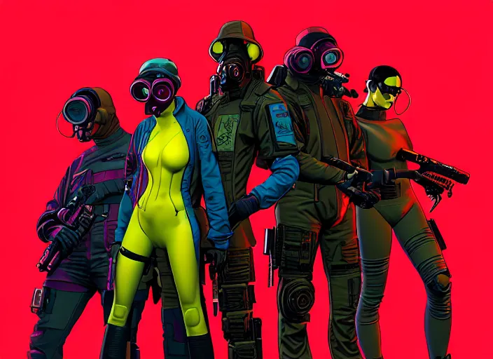 Image similar to cyberpunk hazmat tactical squad. portrait by stonehouse and mœbius and will eisner and gil elvgren and pixar. character design. realistic proportions. cyberpunk 2 0 7 7 character art, blade runner 2 0 4 9 concept art. cel shading. attractive face. thick lines. the team. diverse characters. artstationhq.