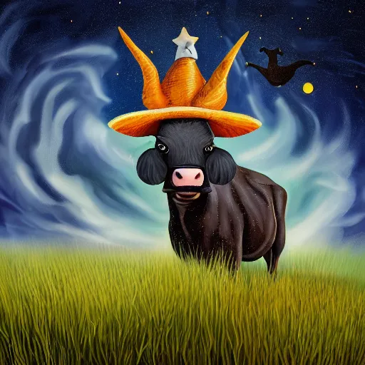 Prompt: a detailed picture of a cow made of stars and nebulas wearing a witch hat, in a grassy field, cow wearing hat!!! viewed in profile and far away, fog in the background, ultrawide lens, aerial photography, black and blue color scheme with gold highlights, art by kirby, artstation, 8 k