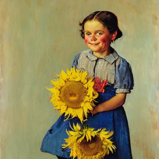 Prompt: norman rockwell portrait of a child holding sunflowers