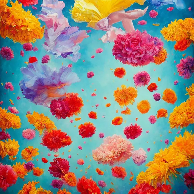 Image similar to a painting of a bunch of flowers floating in the air, a surrealist painting by rhads, james jean, alberto seveso, behance contest winner, psychedelic art, made of flowers, wallpaper, art