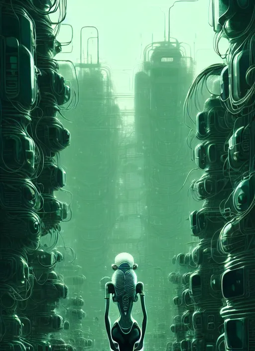 Image similar to highly detailed portrait of a biopunk long curly white hair tribal lady, stray wiring by atey ghailan, james gilleard, by joe fenton, by greg rutkowski, by greg tocchini, by kaethe butcher, 4 k resolution, gradient green, black and white color scheme!!! ( ( green caustic robotic dystopian city background ) )