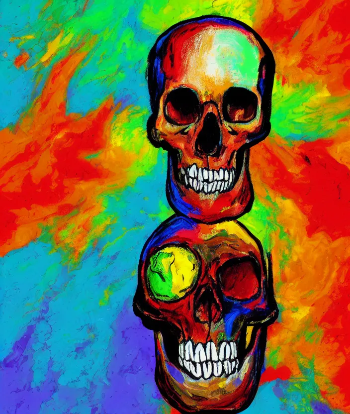 Image similar to a colorful portrait painting of a screaming man with a skull as his head, in the style of stephen gibb, digital art, 4 k,