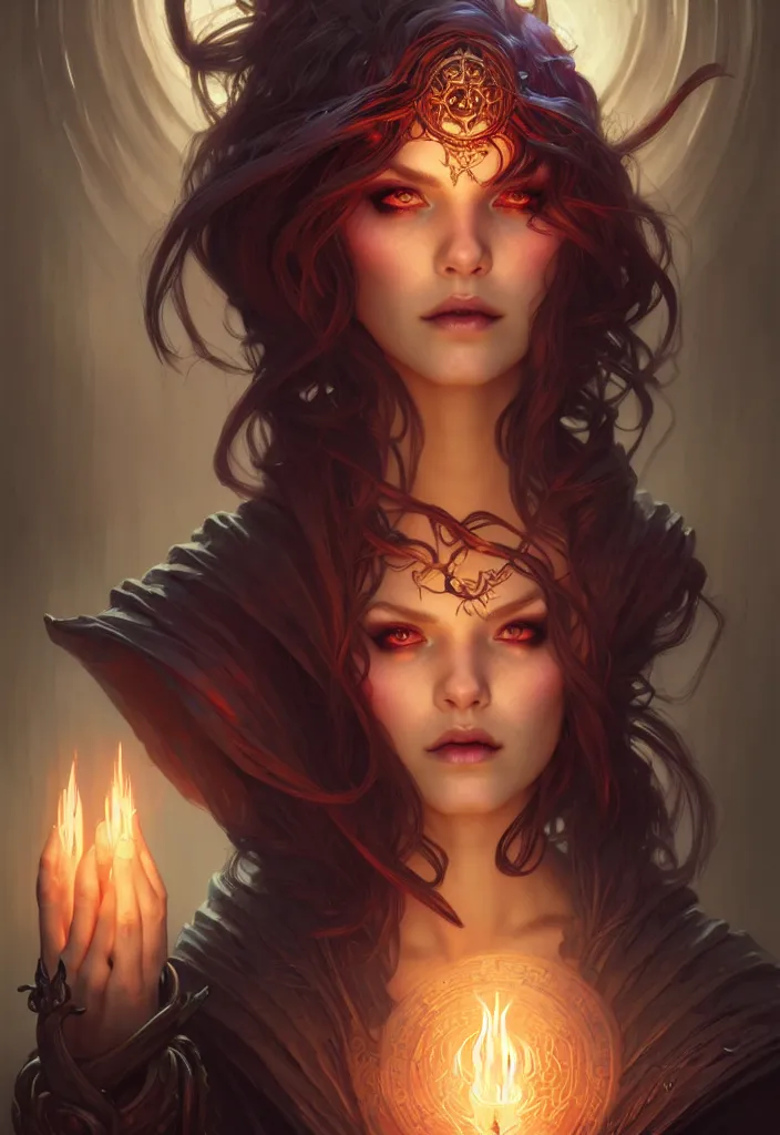 Image similar to Necromancer Sorceress, fantasy magic, undercut hairstyle, dark light night, intricate, elegant, sharp focus, illustration, highly detailed, digital painting, concept art, matte, art by WLOP and Artgerm and Greg Rutkowski and Alphonse Mucha, masterpiece