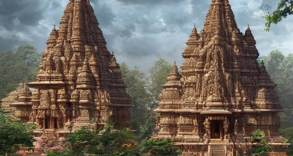 Prompt: a detailed hyper realistic concept art of hindu shiva temple in himalyas, 4 k detailed, artstation