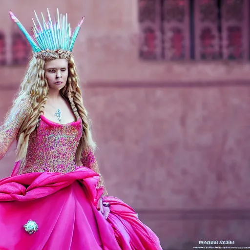 Prompt: an infallible princess with long blonde hair and blue eyes wearing a elaborately beaded pink dress and pink conical hennin, high resolution film still, live-action film by Simon Langton