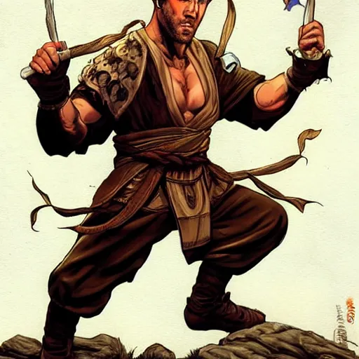 Image similar to ryan reynolds as a d & d monk martial artist, by simon bisley