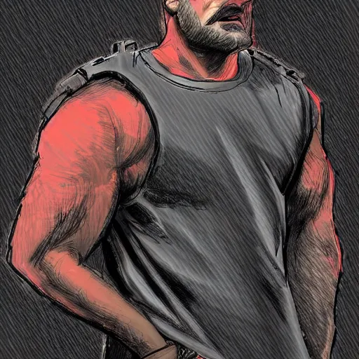 Image similar to sketch of a short stocky buff guy in a plain black t - shirt and cargo shorts, wearing a red ski mask over his entire face, black ski goggles, detailed, dramatic lighting, by ethan van sciver, artstation