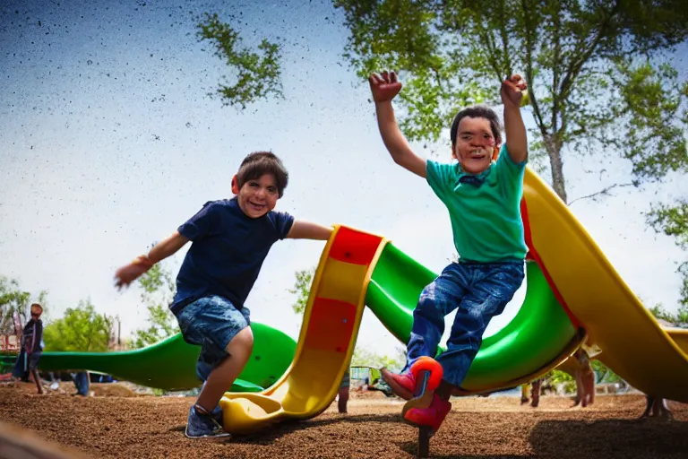 Image similar to Grogu going down a slide in a playground, still from the Mandalorian show, his arms are in the air and he’s smiling, shallow depth of field, Nikon 50mm f/1.8G