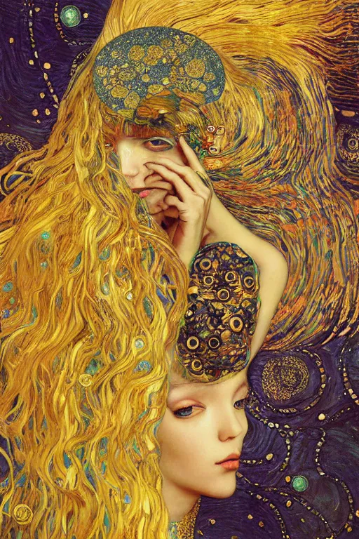 Image similar to Hatsune Miku with golden hair by Karol Bak, Jean Deville, Gustav Klimt, and Vincent Van Gogh, portrait of a sacred serpent, Surreality, otherworldly, fractal structures, arcane, ornate gilded medieval icon, third eye, spirals