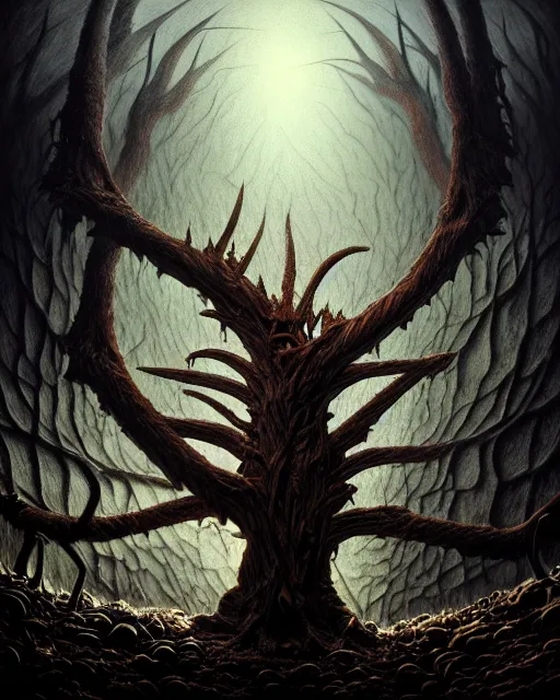 Image similar to an extremely detailed masterpiece surreal painting of a great horned owl ion tree limb, in the style of brian froud, brian despain, brian bolland, digital art, unreal engine, volumetric lighting, dark moody lighting, post apocalyptic, trending on artstation, photorealistic, epic scene, extremely moody lighting,