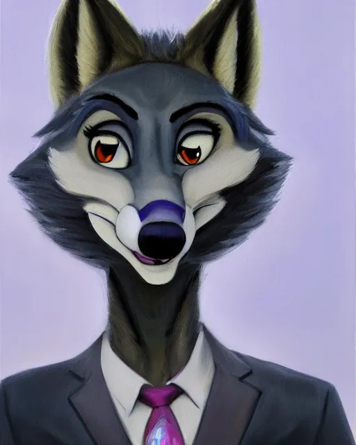 Prompt: oil painting of anthromorphic female wolf, in style of zootopia, zootopia, zootopia, fursona, furry, furaffinity, 4 k, deviantart, furry art, fursona art, wearing black business suit, business suit, in style of zootopia, wolf fursona, cyberpunk, female, expressive detailed feminine face,