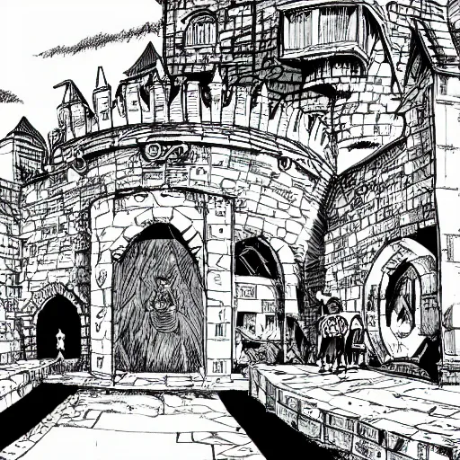 Prompt: castle scene manga, comic book panels background, style of kentaro miura and kazue kato, sketch, black and white, very detailed medieval, comic book art - n 5