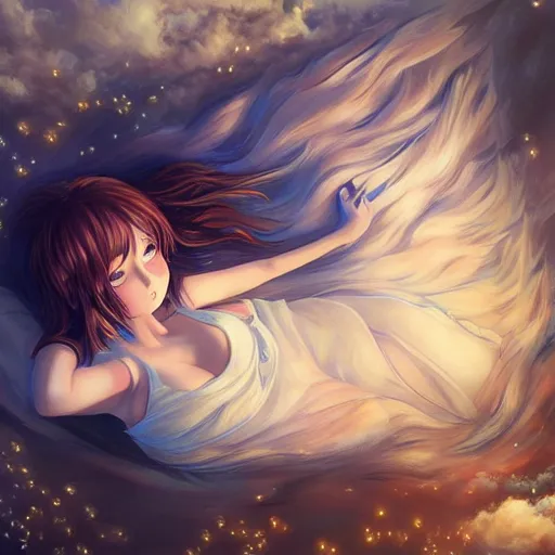 Prompt: A realistic anime painting of a beautiful woman with glowing yellow gold eyes dreaming in a bed made of clouds. digital painting by Sakimichan, Makoto Shinkai, Rossdraws, Pixivs and Junji Ito, digital painting. trending on Pixiv. SFW version —H 1024