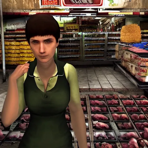 Prompt: Rebecca Chambers from the videogame Resident Evil is walking through a food market in africa. dark atmosphere. Ingame ps1 screenshot.