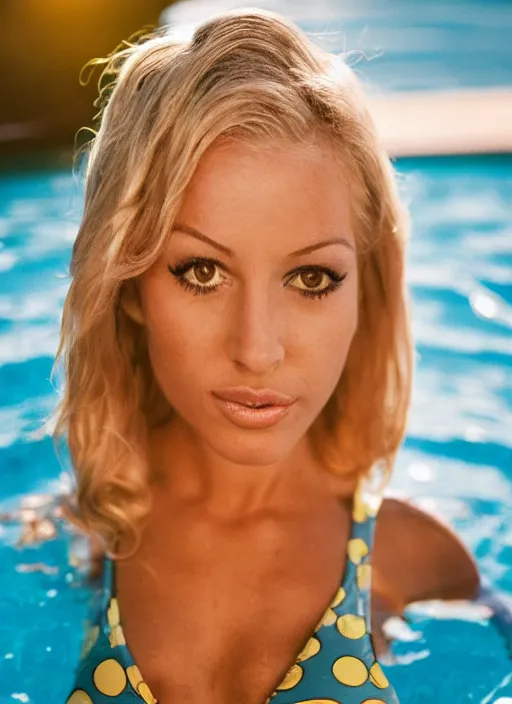 Image similar to Professional photo close up head portrait of female swimsuit model, blonde early 20s, athletic body, in a gold one piece swimsuit, swimming pool in background. by Cameron Hammond. 1980s magazine style. Cinematic. Natural Light Golden Hour, Kodak Portra 400. Lens flare. 85mm, ƒ1.8