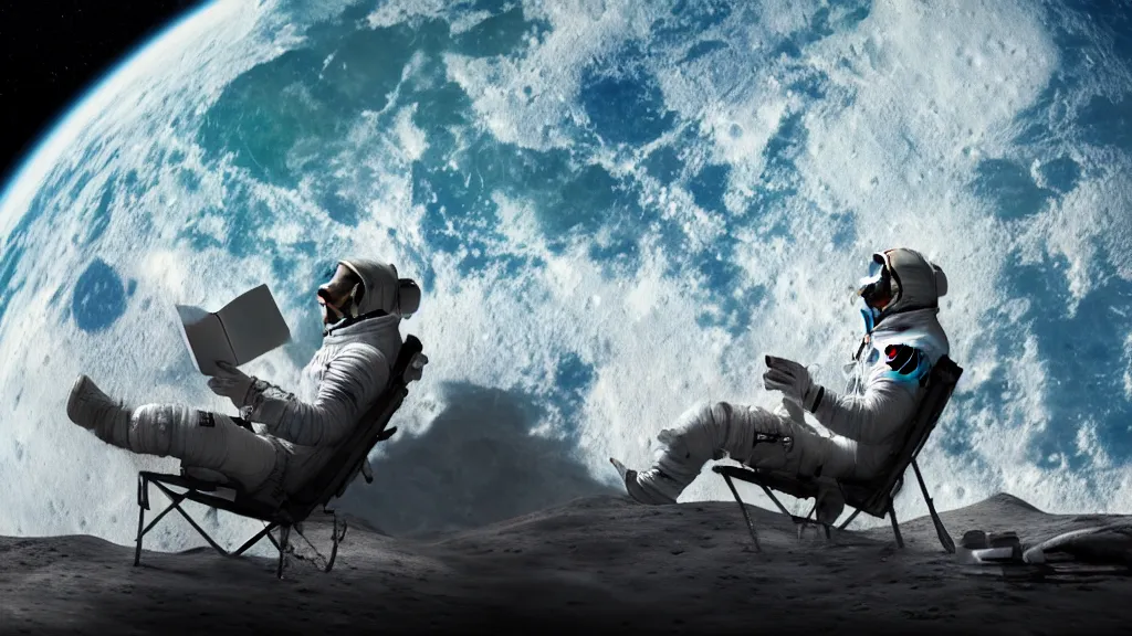 Image similar to A highly photographic render of astronaut on the Moon, sitting on a lawn chair reading a book facing planet Earth, rim lighting, cinematic lighting, octane engine, photo realistic image, 4K, super detailed, cinematic look