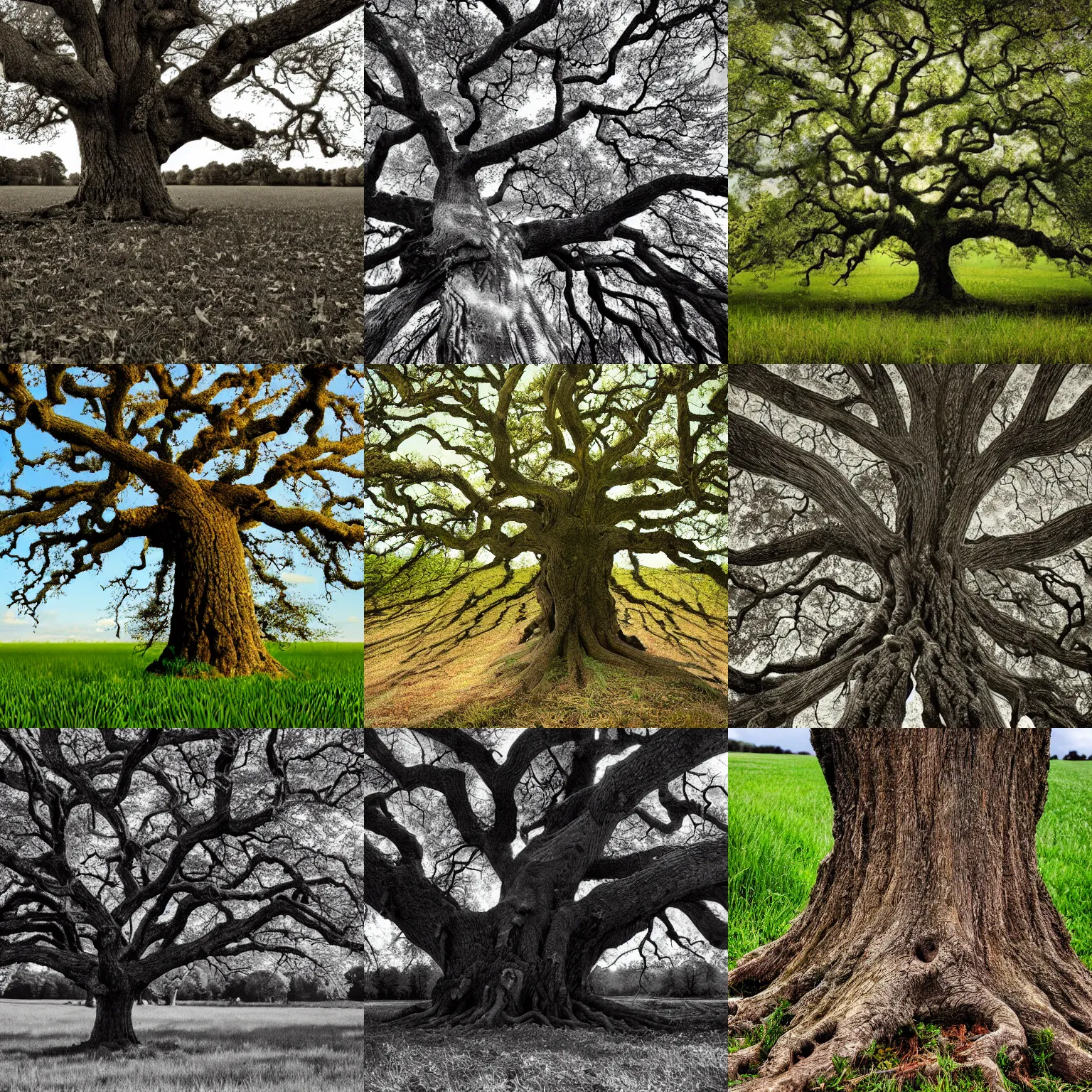 Prompt: a close up of a one year old oak tree in the middle of a field photo - realism