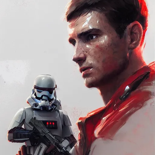 Image similar to portrait of a man by greg rutkowski, a soldier of the galactic triunvirate wearing a red and white tactical gear, star wars expanded universe, highly detailed portrait, digital painting, artstation, concept art, smooth, sharp foccus ilustration, artstation hq