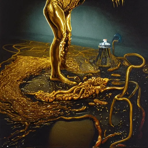Prompt: realistic coubert dark hi-tech sci-fi lab at night, realistic gustave coubert painting a hideous and sick human exposed guts crawling in two legs and dripping golden metalic fluid from intestine into a pool of golden liquid on the floor. Smokey atmosphere