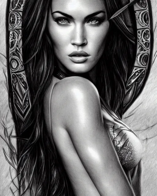 Prompt: pencil drawing of beautiful megan fox as greek goddess aphrodite, archer, arrow on the head, beautiful piercing eyes, flowing blonde hair, realistic face, hyper realistic, in the style of greg rutkowski, fantasy, amazing detail, epic, intricate, elegant, smooth, sharp focus