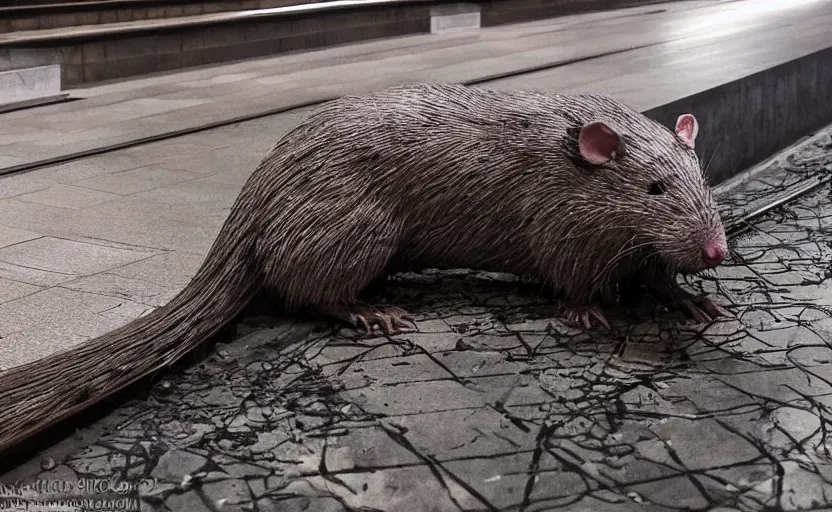 Image similar to very large giant zombie rat on railways in tonnel of moscow metro. extreme high detail. low dark light, scary atmosphere