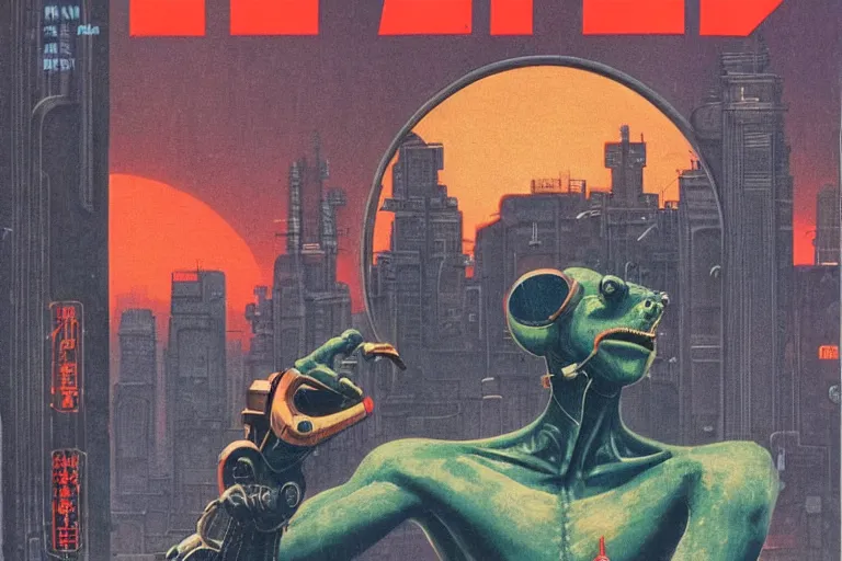 Image similar to 1979 Magazine Cover of an argonian leaning against a red jade desk with a large circular window to neo-Tokyo streets behind him. in cyberpunk style by Vincent Di Fate