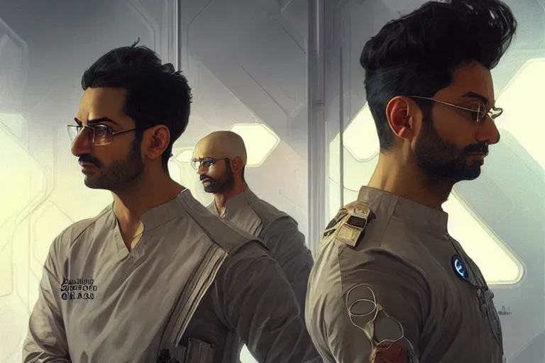 Image similar to Sensual good looking pale young Indian doctors wearing Deus Ex clothing in a space station above Earth, portrait, elegant, intricate, digital painting, artstation, concept art, smooth, sharp focus, illustration, art by artgerm and greg rutkowski and alphonse mucha