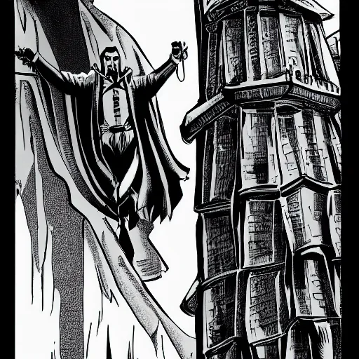 Prompt: dracula on the highest spire of his castle, comic book style, half - tone