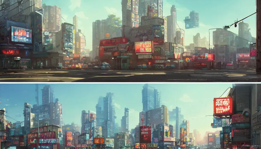 Image similar to A highly detailed matte painting of Buildings with Billboards and neonsigns by Studio Ghibli, Makoto Shinkai, by Artgerm, by WLOP, by Greg Rutkowski, volumetric lighting, octane render, 4K resolution, trending on artstation, masterpiece