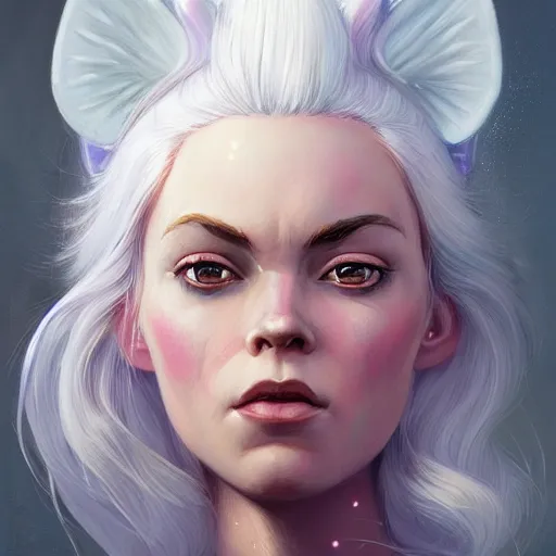 Image similar to a girl with lush white hair and a unicorn horn on head, portrait, rim light, vintage, highly detailed, oil painting, digital illustration, concept art, smooth, sharp focus, pleasing aesthetics, josan gonzalez, ralph mcquarrie