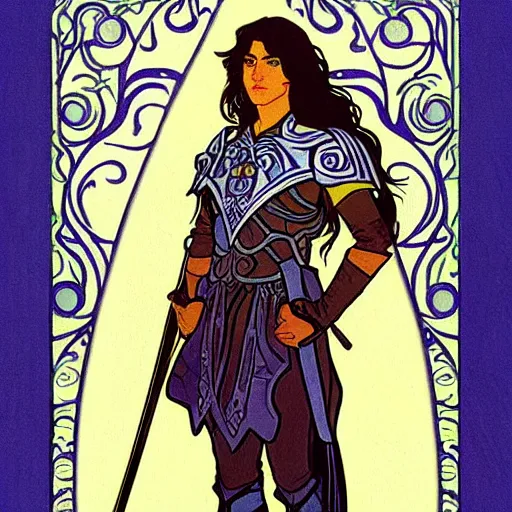 Image similar to painting of young handsome beautiful paladin elf! man with long wavy dark hair in his 2 0 s named shadow taehyung at the blueberry party, wearing armor!, elegant, clear, painting, stylized, delicate, soft facial features, art, art by alphonse mucha, vincent van gogh, egon schiele,