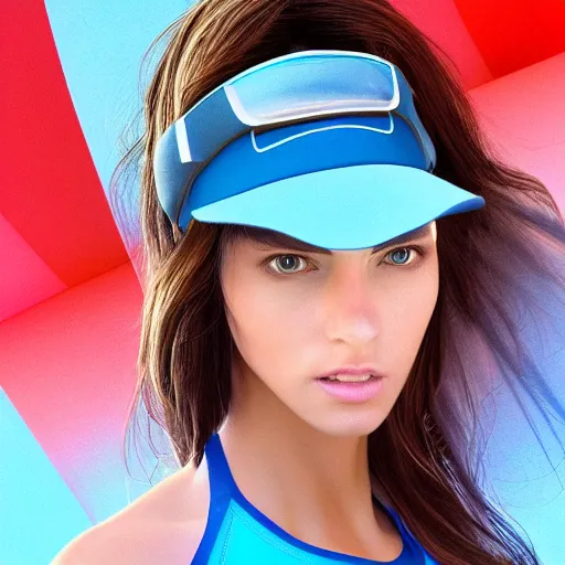 Image similar to photo of a gorgeous caucasian female with long brown hair with light blue ends in the style of stefan kostic, tank top, visor, realistic, cyberpunk, body shot, sharp focus, 8 k high definition, insanely detailed, intricate, elegant, art by stanley lau and artgerm, floating embers