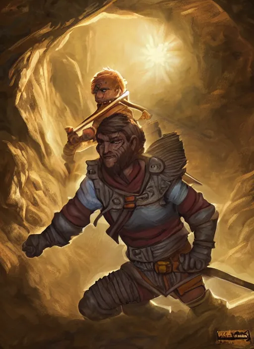 Image similar to A fantasy comic book roleplaying game style portrait painting of a halfling rogue sneaking in a cavern, DAZ, hyperrealistic, ambient light, dynamic light