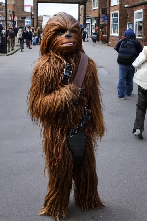 Prompt: photo of chewbacca standing on the streets of rochester, england