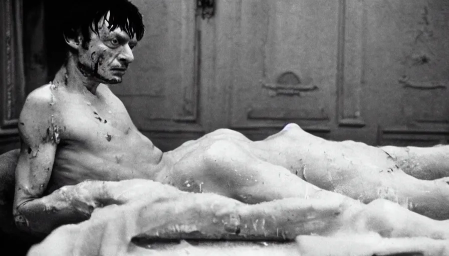 Prompt: 1 9 6 0 s movie still by tarkovsky of jean - paul marat a long knife stab his bloody chest in a neoclassical bath, cinestill 8 0 0 t 3 5 mm b & w, high quality, heavy grain, high detail, panoramic, cinematic composition, dramatic light, anamorphic, raphael style, piranesi style