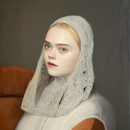 Prompt: portrait of a elle fanning wearing a balaclava!!!!, detailed realism face in painting, detailed beautiful portrait, oil painting masterpiece, 8 k resolution, smooth, sharp focus, trending on artstation, by rembrandt