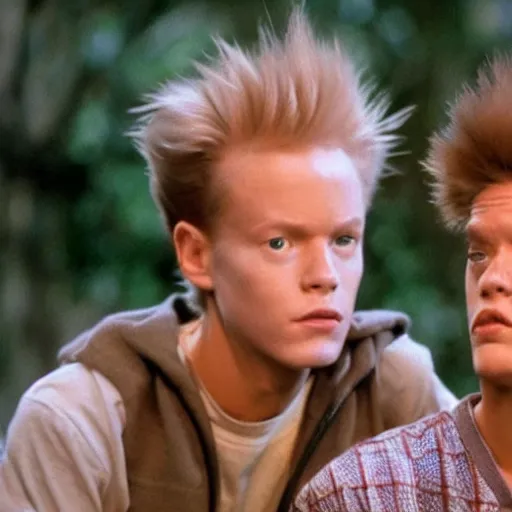 Prompt: live action movie still of teenage actors in their roles as beavis and butthead