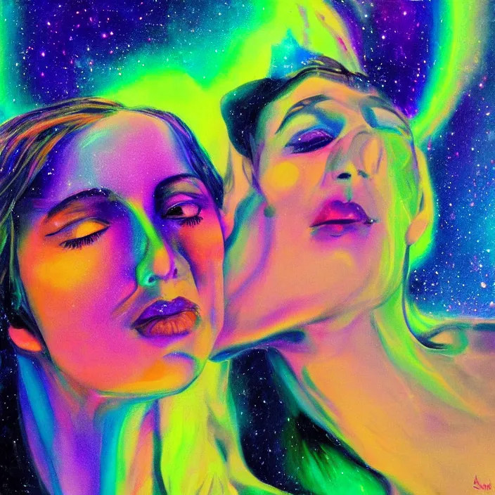 Image similar to close portrait of woman and man kissing. aurora borealis. iridescent, vivid psychedelic colors. painting by leon spillaert
