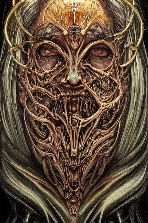 Image similar to Elden Ring and Doom themed painting of majestic chromatic biomechanical anatomical elven female hybrid beautiful ethereal angel symmetrical neutral mask closeup face tattoo pattern golden ratio concept, Neo-Gothic concept, infinity glyph waves, intricate artwork masterpiece, very coherent artwork, cinematic, full frontal facial features by Artgerm, art by H.R. Giger, Joseph Michael Linsner, Zdizslaw Beksinski, Johnatan Wayshak, Moebius, Ayami Kojima, very anatomically coherent artwork, trending on cgsociety, ultra high quality model, production quality cinema model, high detail chromatic ink outline, octane render, unreal engine 8k, hyper realism, high detail, octane render, unreal engine, 8k, High contrast