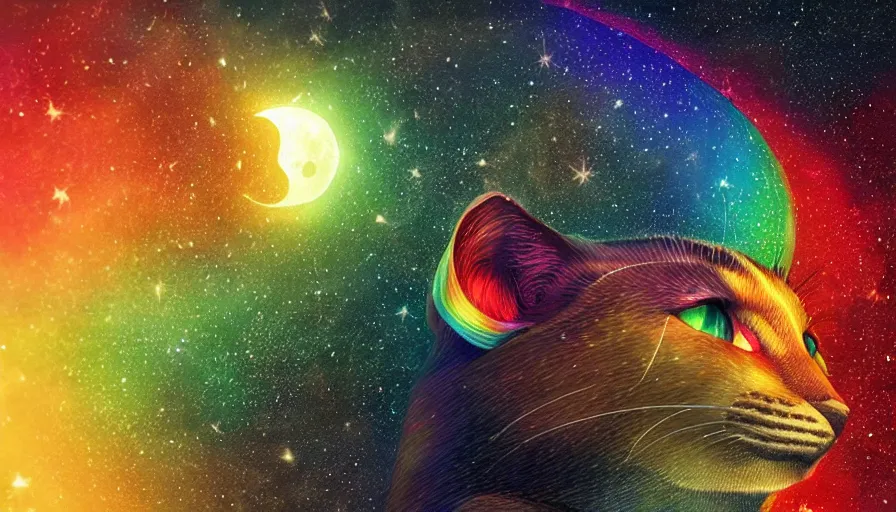 Prompt: shiny rainbow cat looking at the stars, sitting on rooftop, gold moon, hyperdetailed, artstation, cgsociety, 8 k