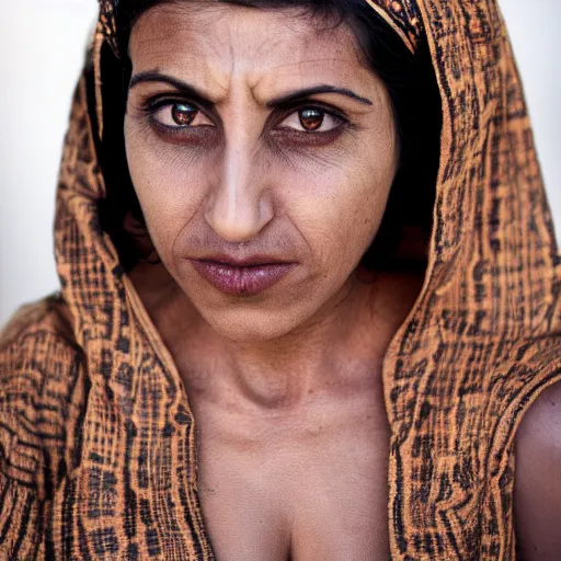 Image similar to intense portrait of 35 year old middle eastern skinned woman in ancient Canaanite clothing