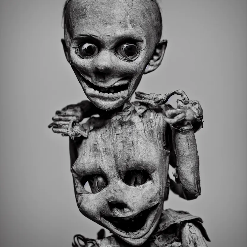 Image similar to creepy ventriloquist dummy in the style of roger ballen, 4 k, bw, portrait