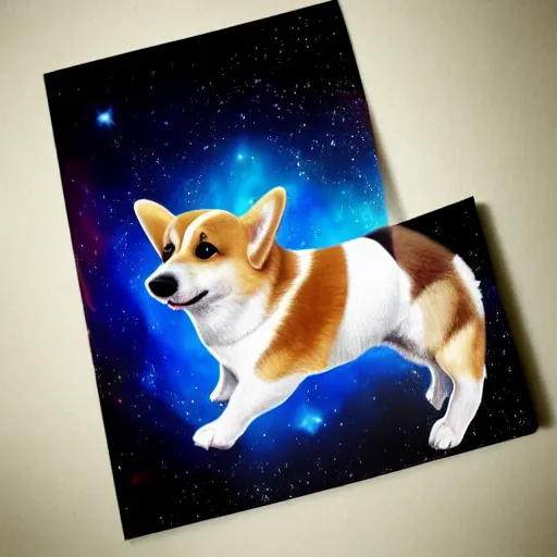Image similar to corgi floating in space wearing a space suit, photorealism, cute, happy
