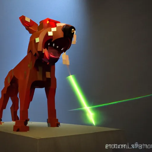 Image similar to redstone sculpture of a detailed carved smiling pitbull + dramatic lightning + volumetric light + backlightning + lensflares + rays of light + dramatic shadows + glowing particles