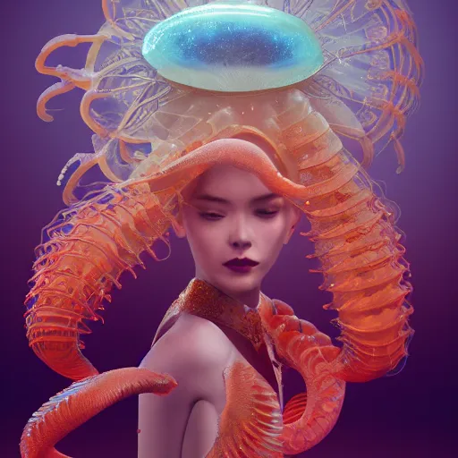 Image similar to Full body photo of the most beautiful goddess, she has a jellyfish phoenix head's, by Tooth Wu, trending on Artstation, digital art, symmetrical artwork, cinematic, hyper realism, high detail, octane render, 4k, 8k