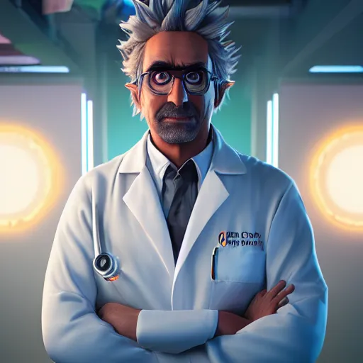 Image similar to portrait of rick sanchez, lab coat, lens flare, atmosphere, glow, detailed, intricate, full of colour, cinematic lighting, trending on artstation, 4 k, hyperrealistic, focused, extreme details, unreal engine 5, cinematic, masterpiece