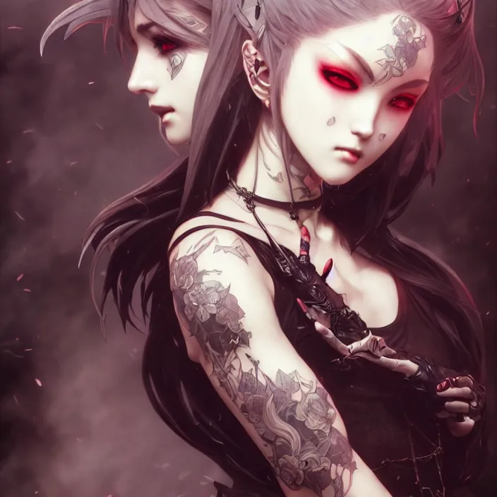 Image similar to anime female, fangs, goth, tattoos, leather, fantasy, intricate details, eerie, highly detailed, octane render, 8 k, art by artgerm and alphonse mucha and greg rutkowski