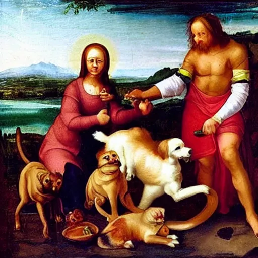 Prompt: renaissance painting cats eating human flesh with dogs as servants